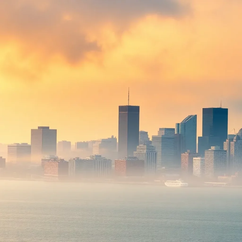 Smoky sky over Boston skyline reflecting poor air quality