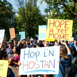 Participants marching at the Boston rally with signs and banners advocating for inclusivity and justice.