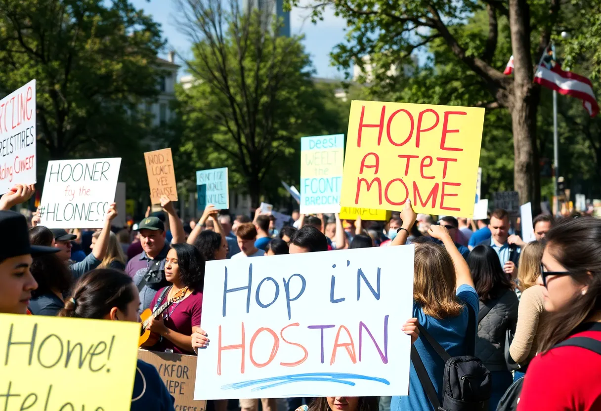 Participants marching at the Boston rally with signs and banners advocating for inclusivity and justice.