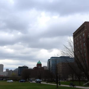 Cloudy skies over Boston in early April with hints of spring