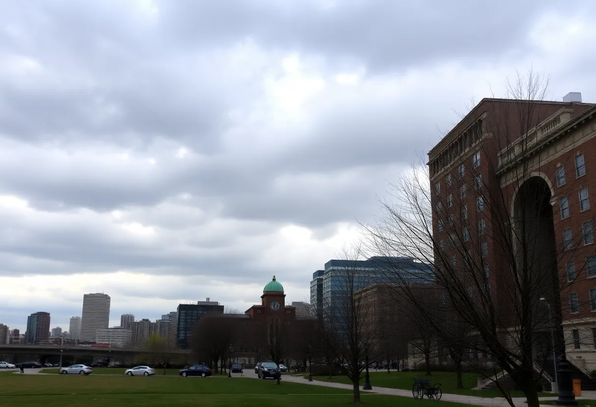 Cloudy skies over Boston in early April with hints of spring