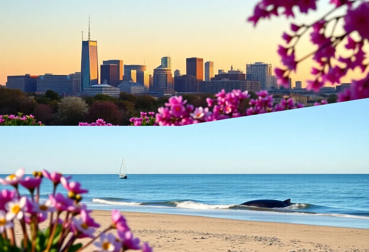 A combination of Boston's skyline and a Cape Cod whale watching scene during spring.