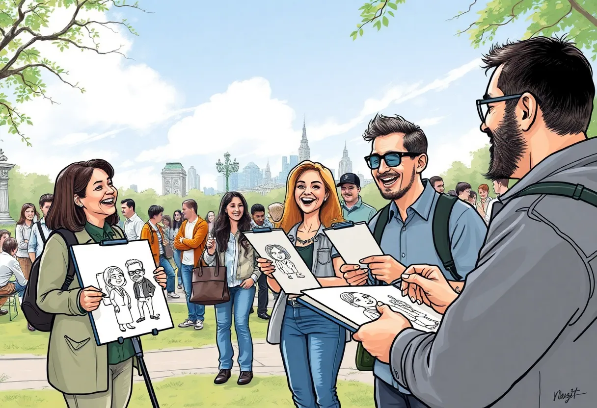 A caricature artist sketching in a busy park filled with people.