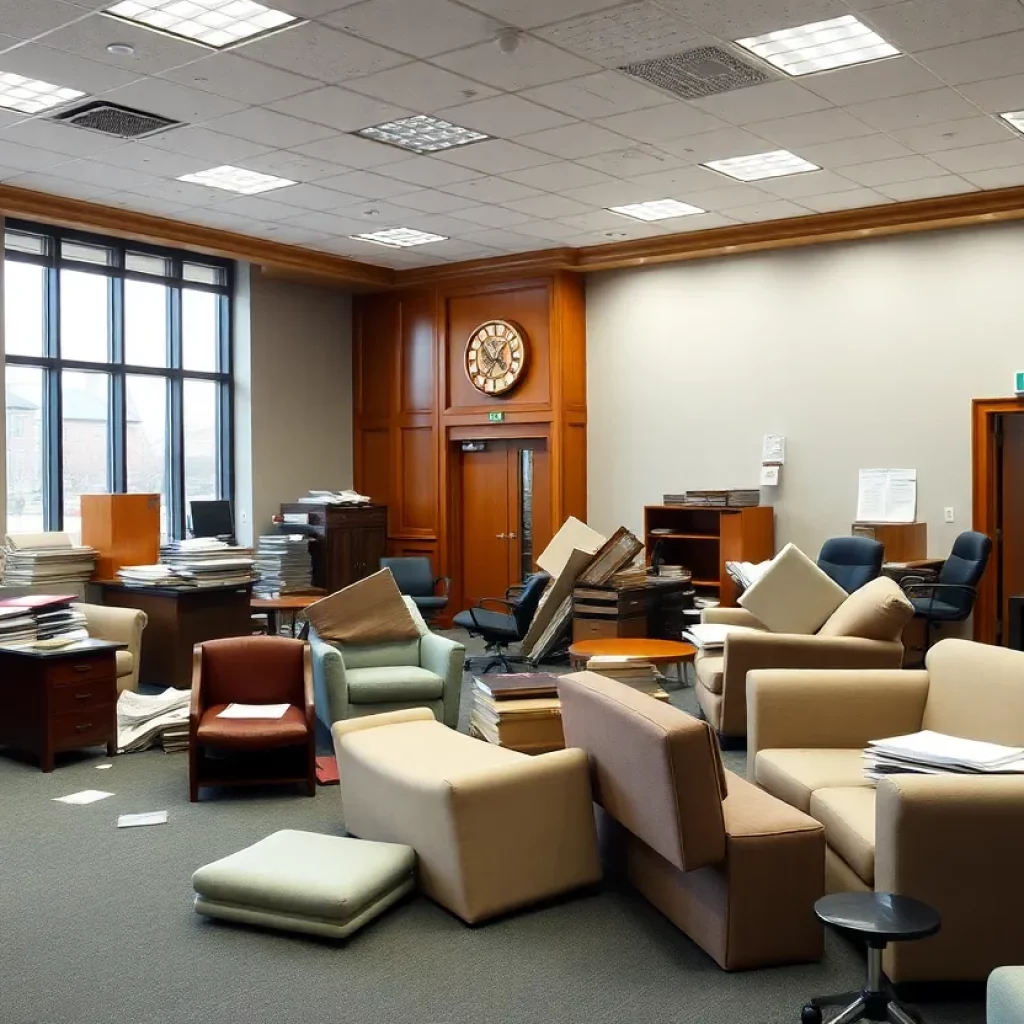 An office space in disarray with furniture being moved, symbolizing political turmoil.