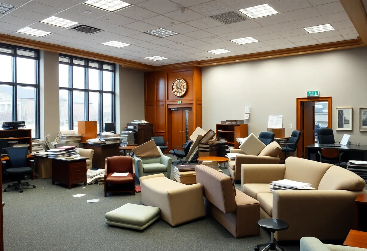 An office space in disarray with furniture being moved, symbolizing political turmoil.