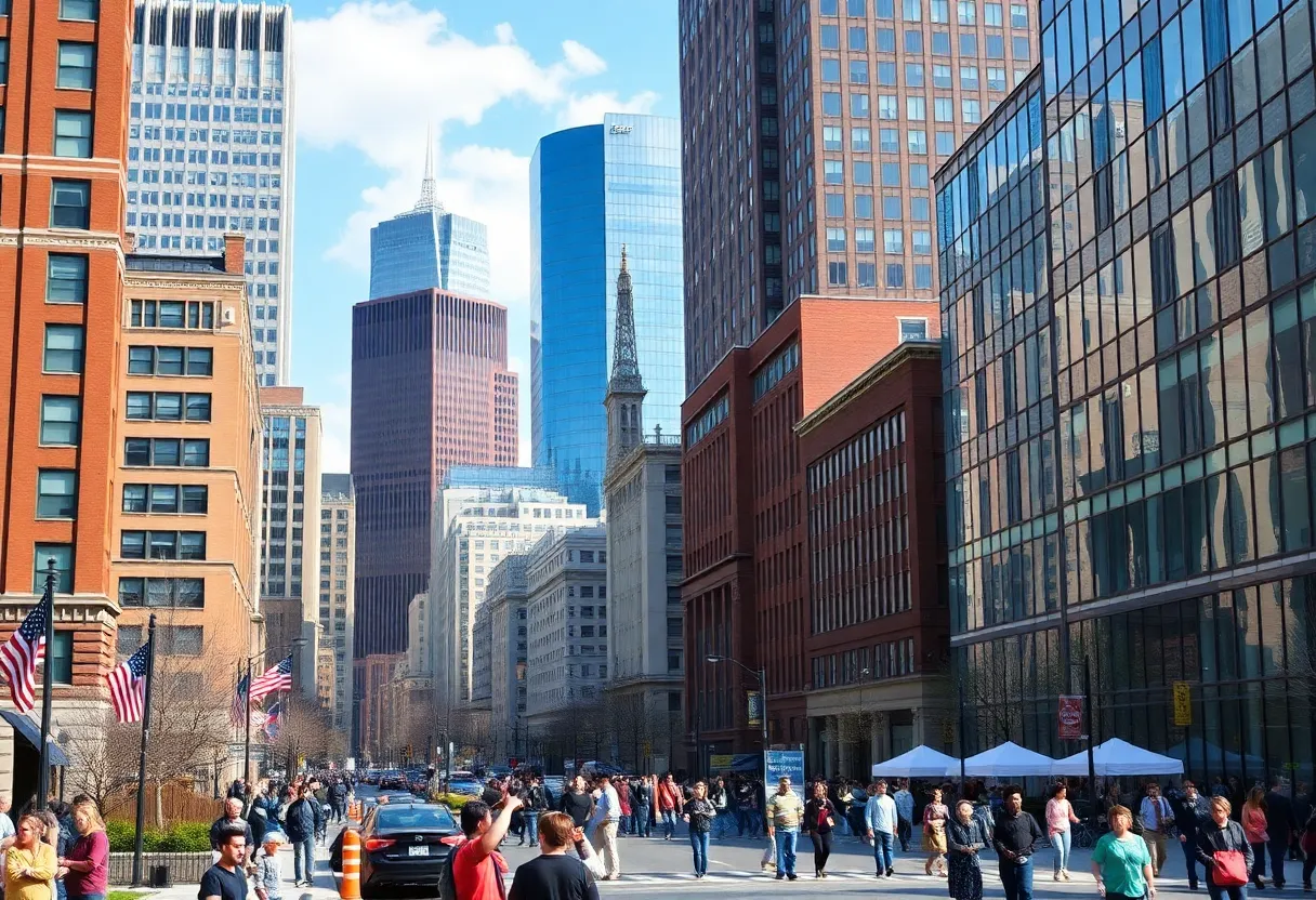 A cityscape of Boston highlighting urban development with a focus on community engagement.