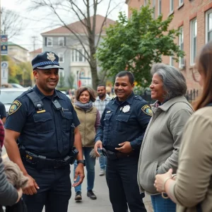 Community members and police interacting in a Boston neighborhood.