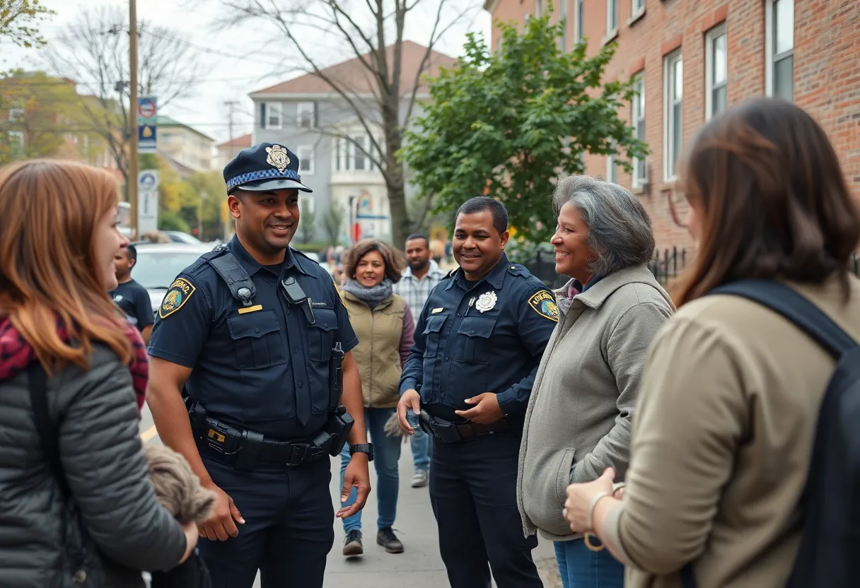 Community members and police interacting in a Boston neighborhood.