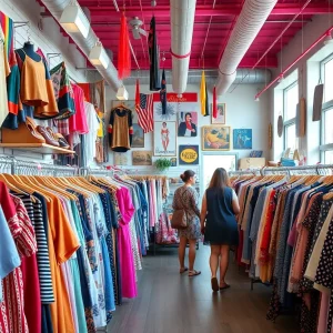 Interior view of a Boston consignment shop displaying various clothing items