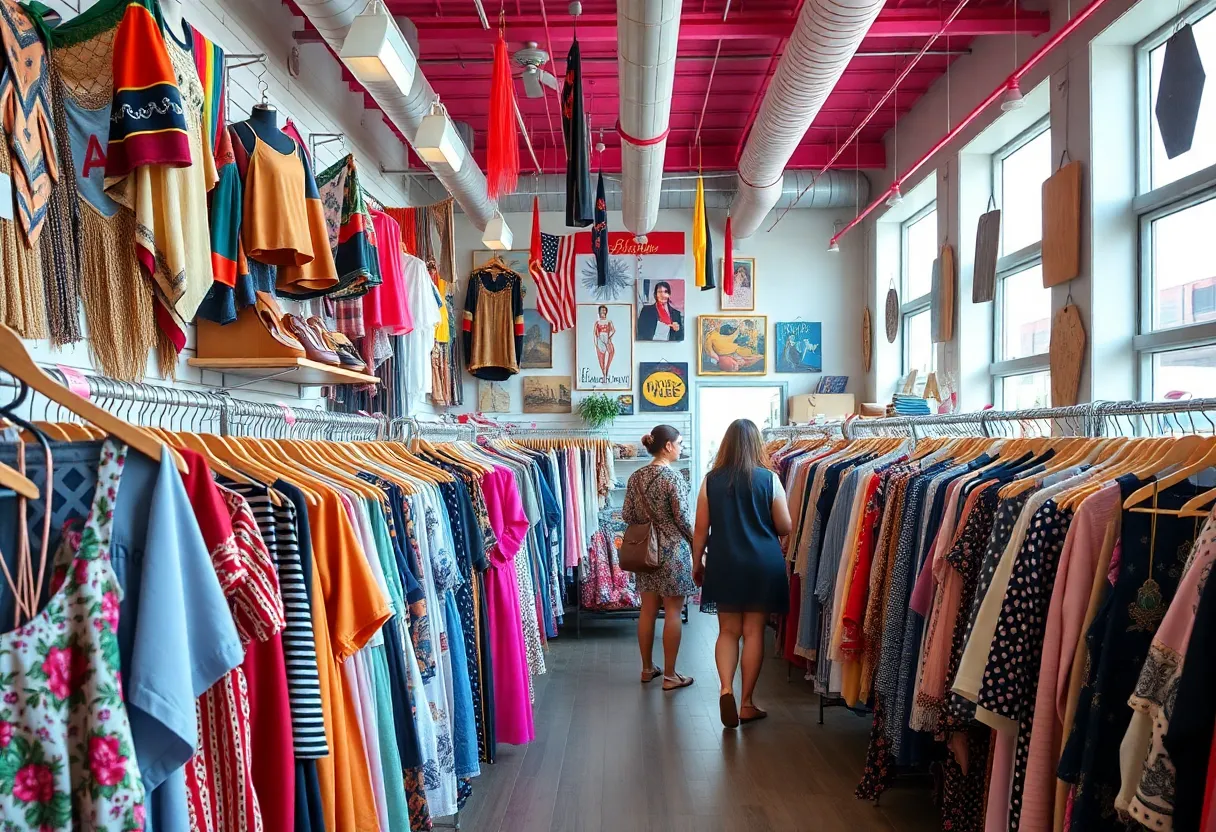 Interior view of a Boston consignment shop displaying various clothing items