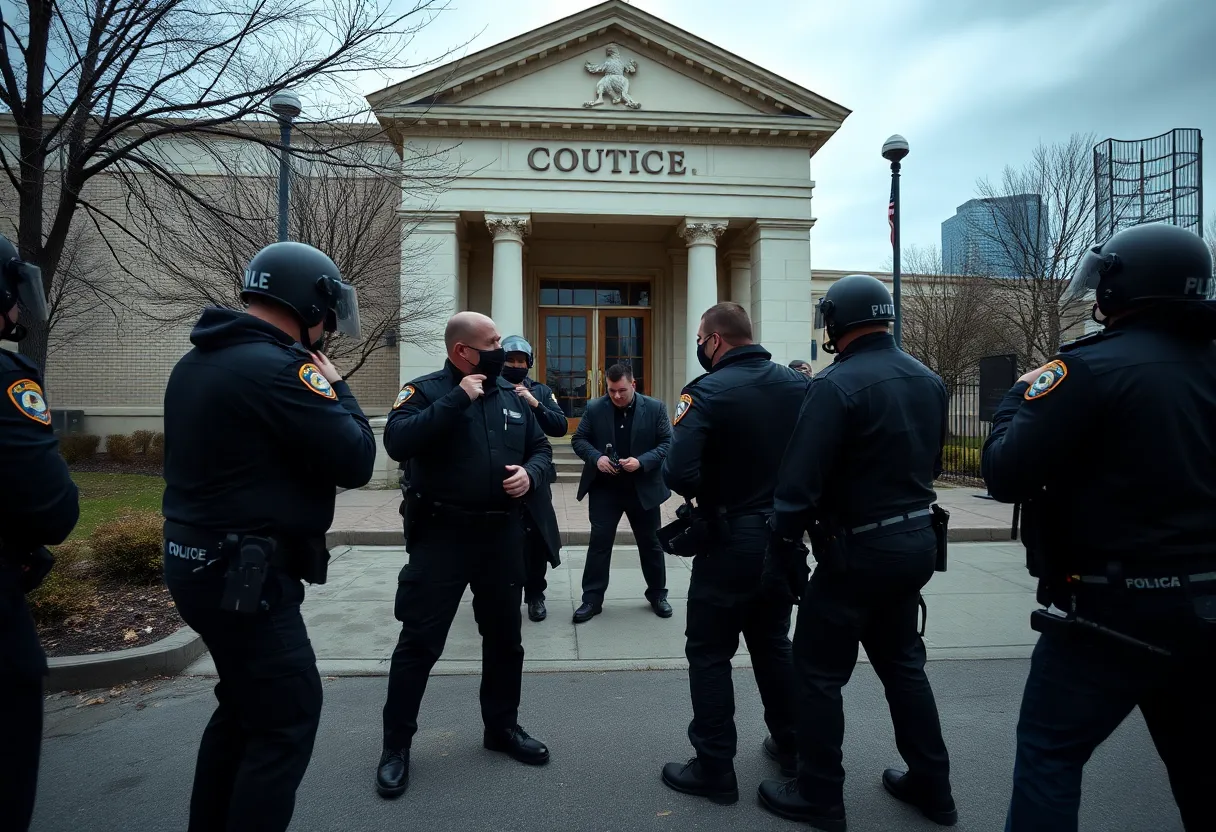 Law enforcement agents outside a Boston courthouse