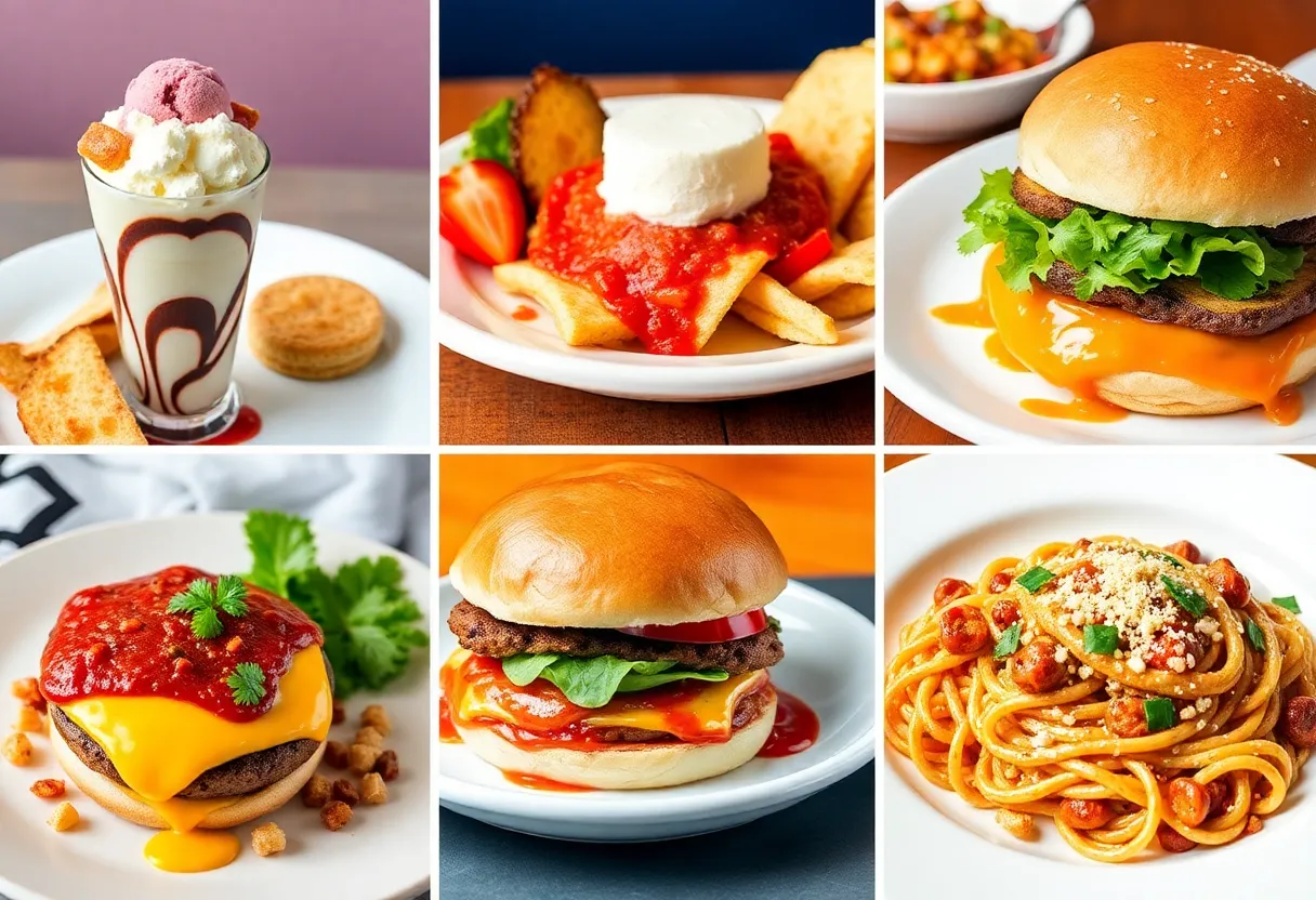A collage of various food dishes from Boston's restaurants including burgers, pasta, and desserts.