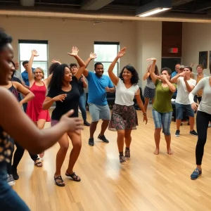 Participants enjoying a free dance workshop in Boston.