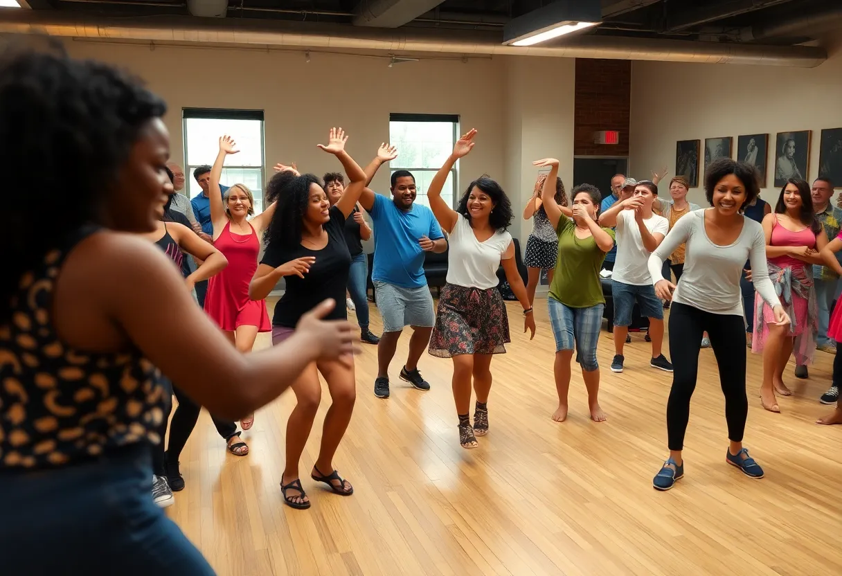 Participants enjoying a free dance workshop in Boston.