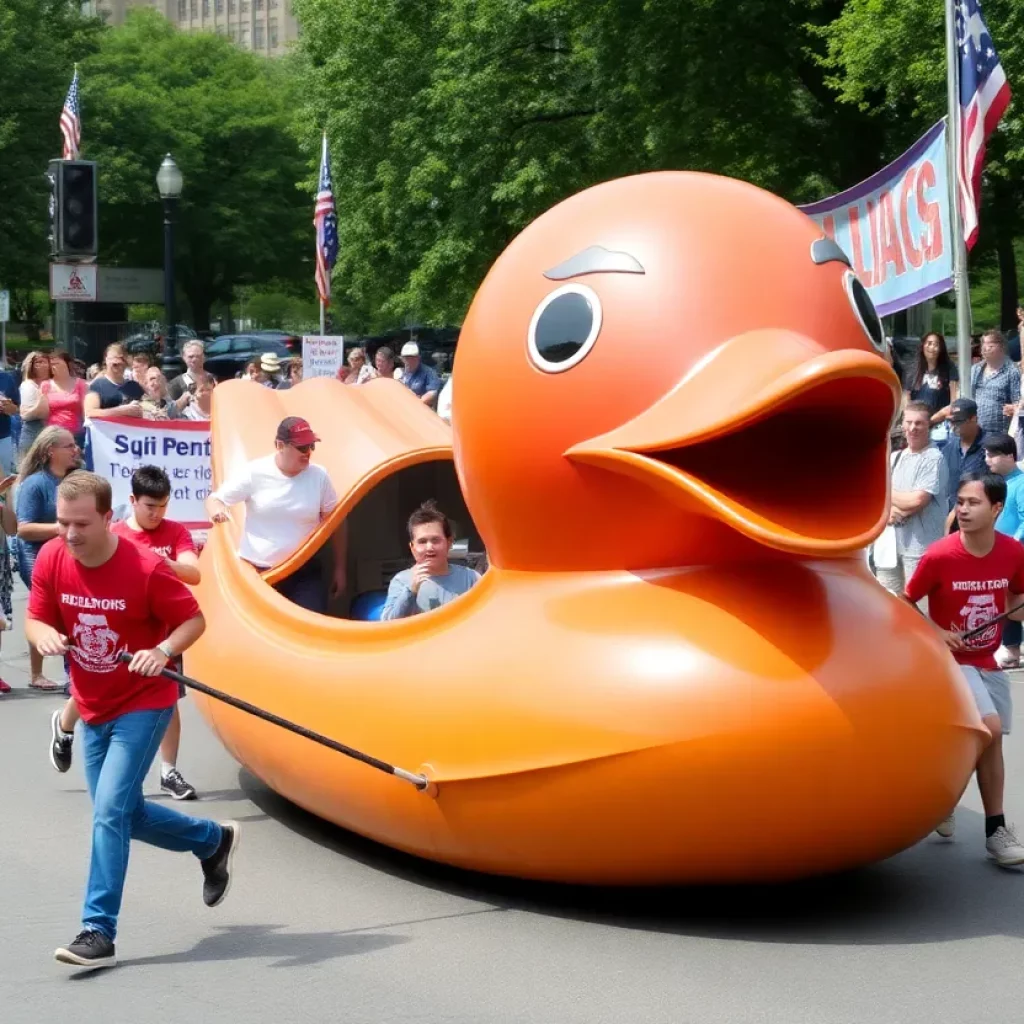 Teams participating in the Duck Boat Pull Fundraiser at Boston Common