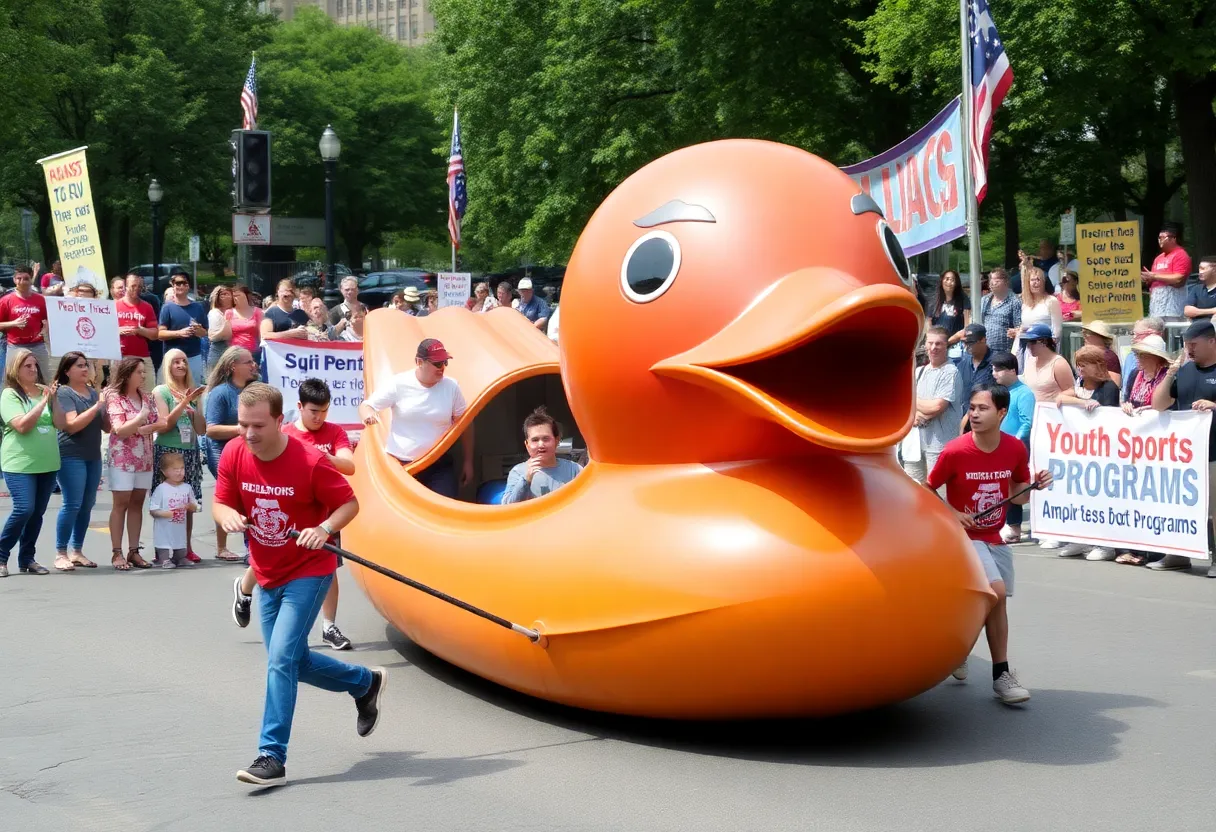 Teams participating in the Duck Boat Pull Fundraiser at Boston Common