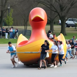 Teams pulling a duck boat during the Boston Duck Boat Pull event