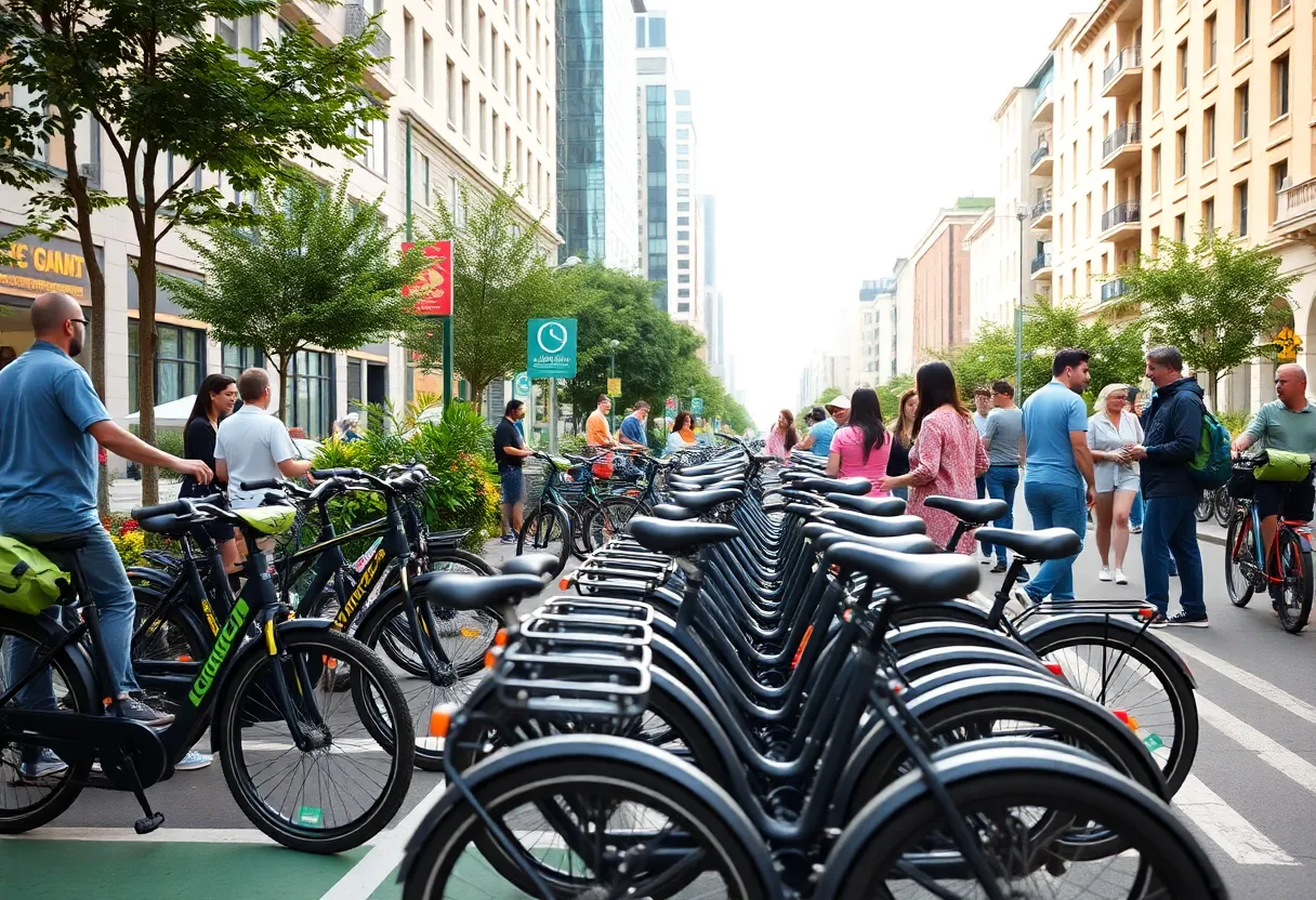 Electric bicycles in an urban setting promoting eco-friendly transportation in Boston