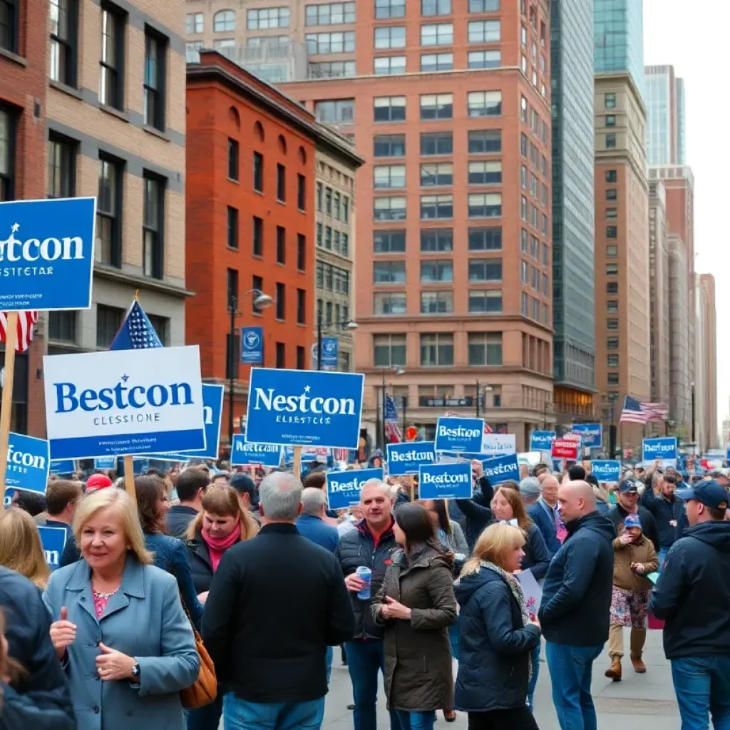 Boston cityscape with campaign signs during election season