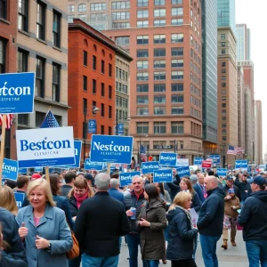 Boston cityscape with campaign signs during election season