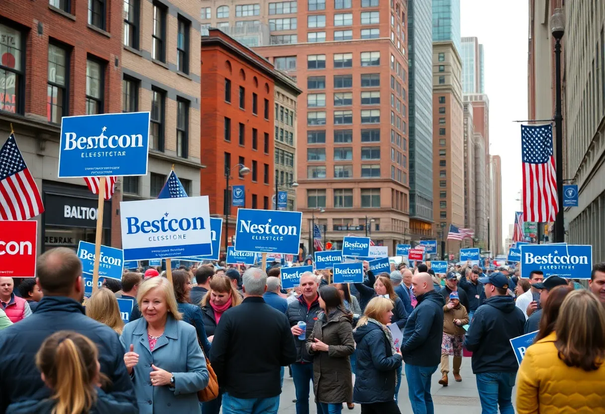 Boston cityscape with campaign signs during election season