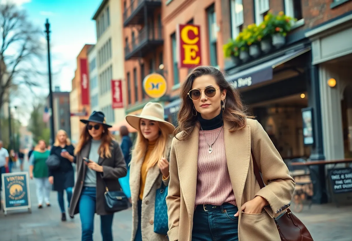 People showcasing fashion styles on a busy Boston street.