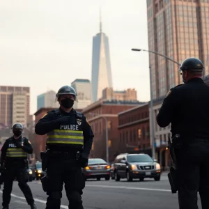 Boston skyline with police presence symbolizing justice