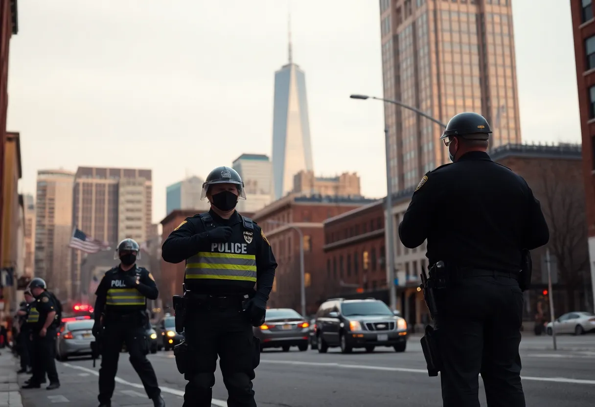 Boston skyline with police presence symbolizing justice