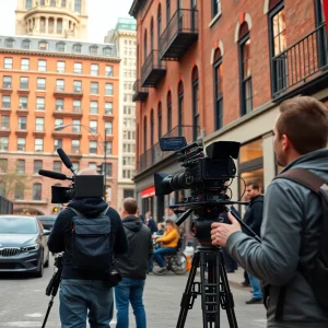 Film crew working on location in Boston