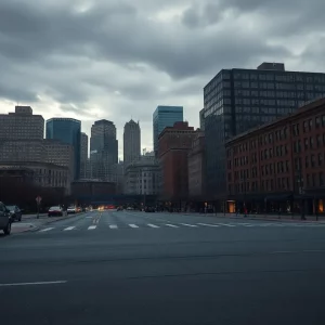 Reflective urban landscape representing unsolved homicides in Boston