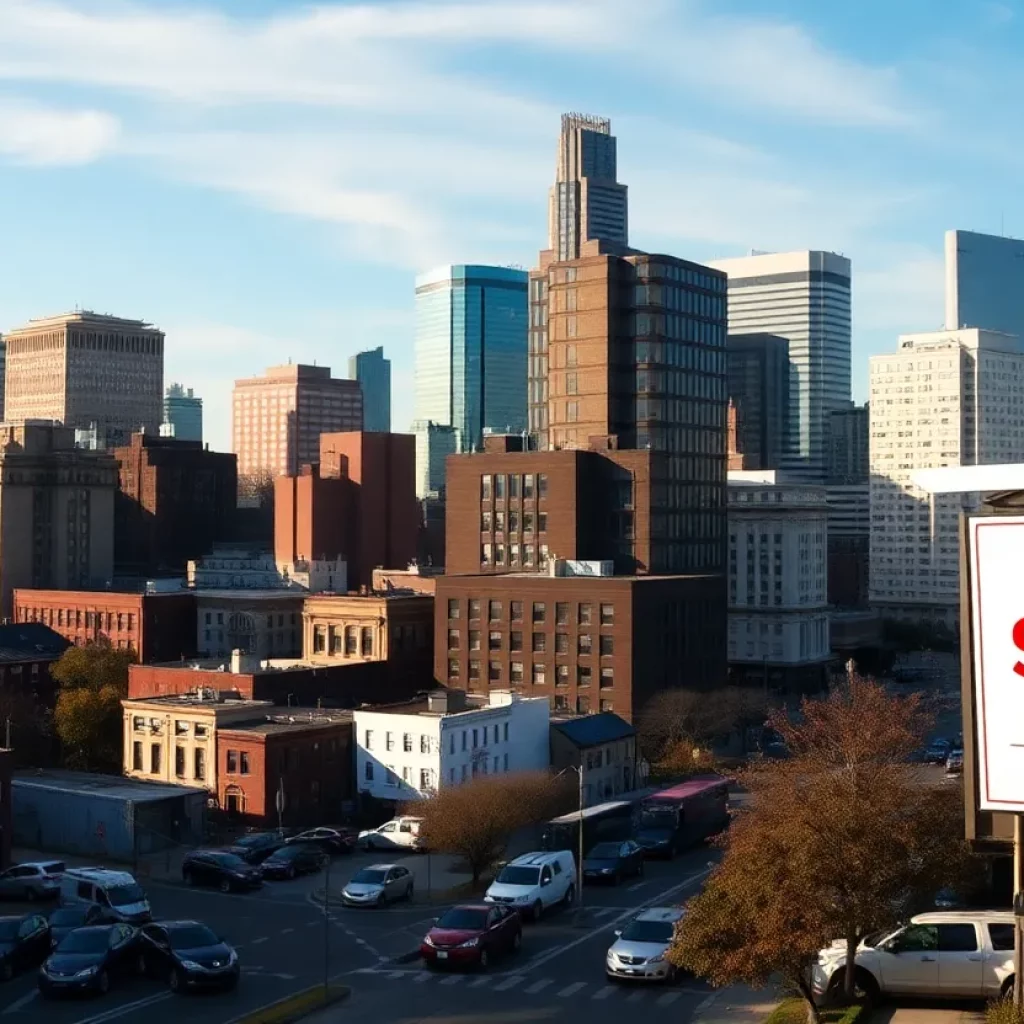 Crowded skyline of Boston with houses for sale signs