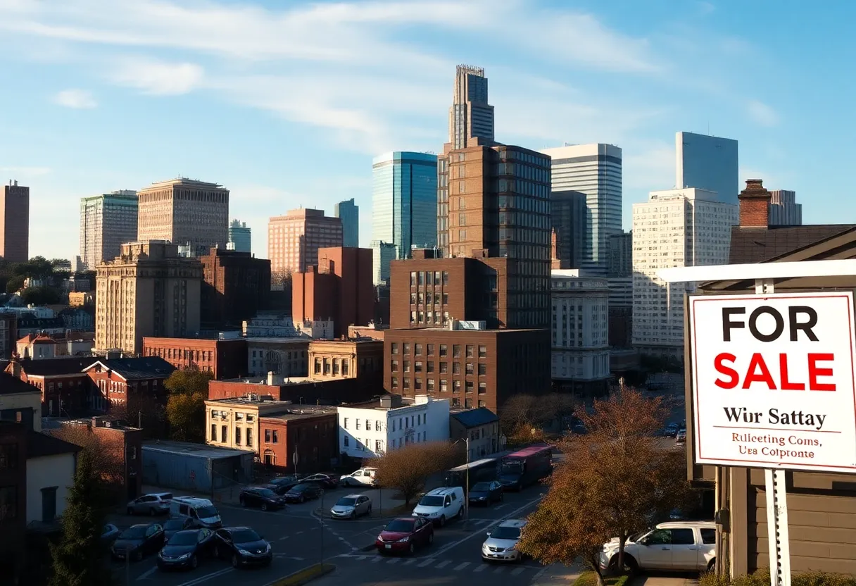 Crowded skyline of Boston with houses for sale signs
