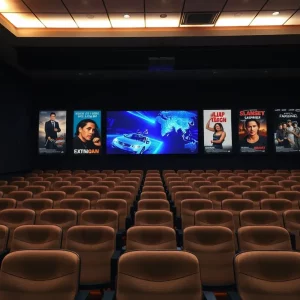 A film festival showcasing empty seats and vibrant film posters