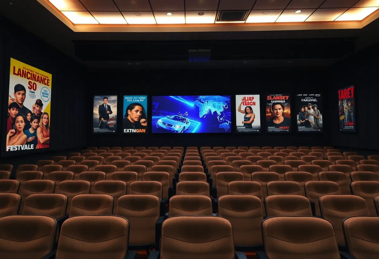 A film festival showcasing empty seats and vibrant film posters