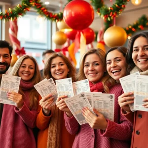 People celebrating lottery wins with tickets in Boston