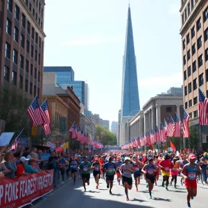 Runners in the Boston Marathon surrounded by cheering crowds