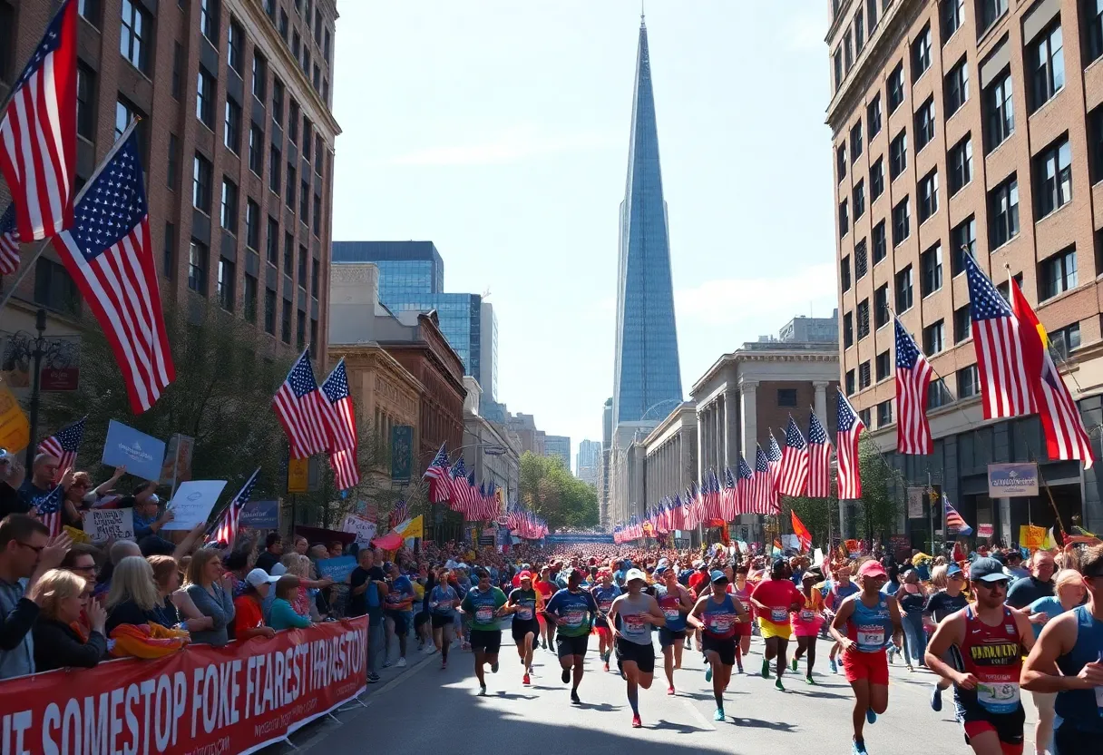 Runners in the Boston Marathon surrounded by cheering crowds
