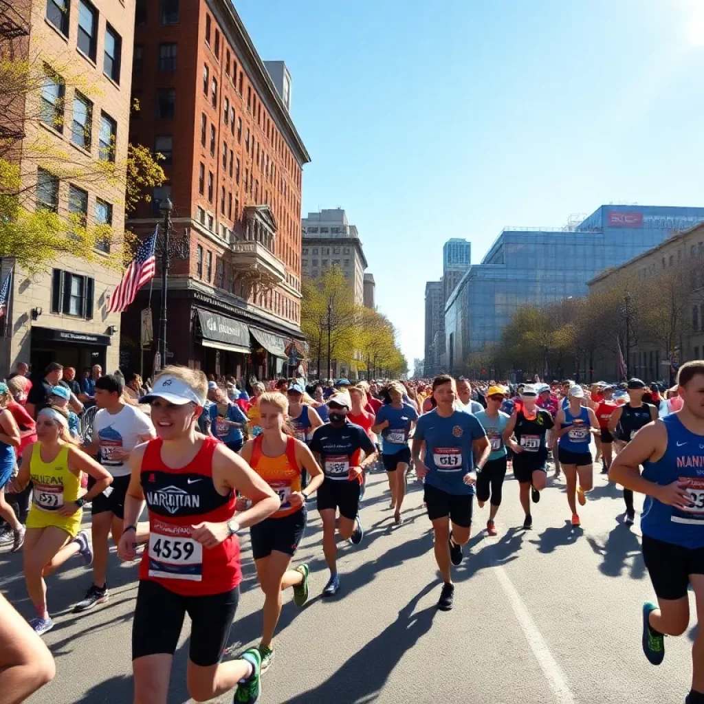 Runners in the Boston Marathon with sunny weather.
