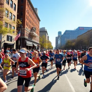 Runners in the Boston Marathon with sunny weather.