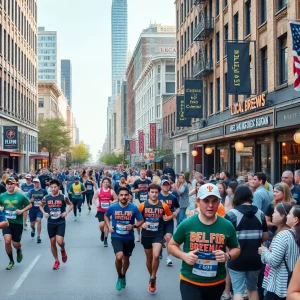 Spectators and runners at the Boston Marathon with local breweries offering special beers