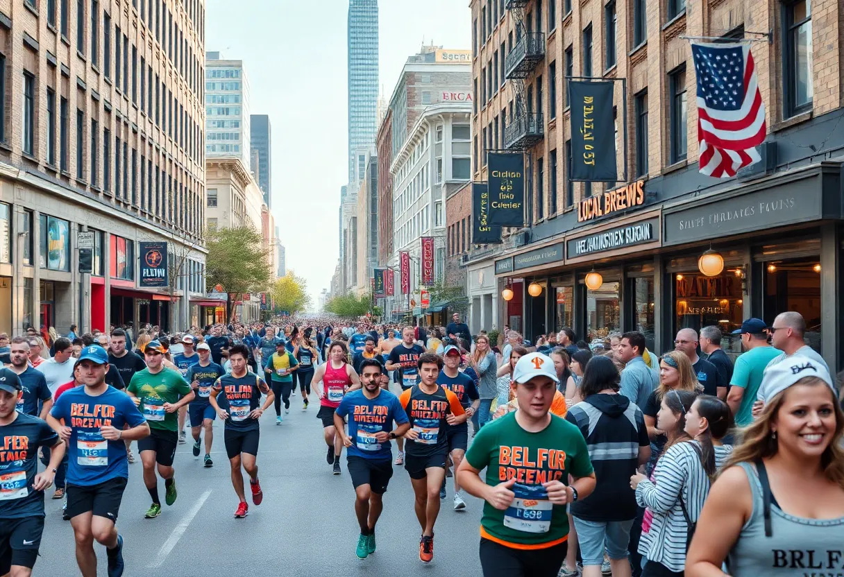 Spectators and runners at the Boston Marathon with local breweries offering special beers