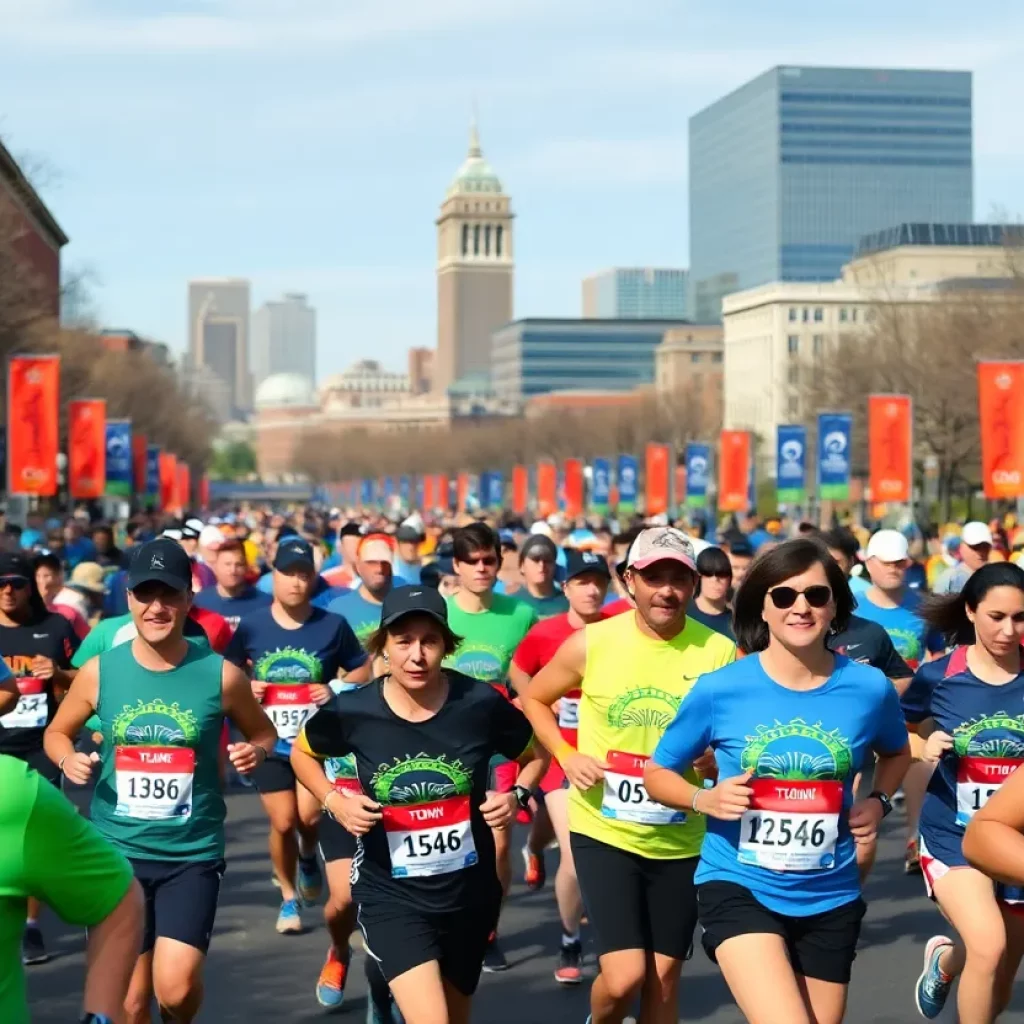 Runners participating in the Boston Marathon with charity banners