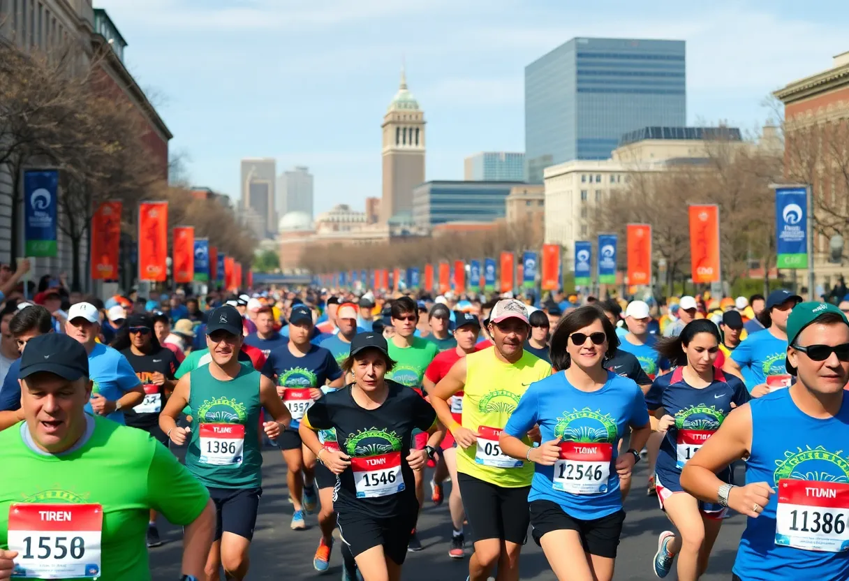 Runners participating in the Boston Marathon with charity banners