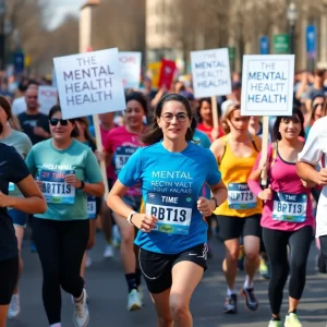 Runners in a marathon advocating for mental health awareness