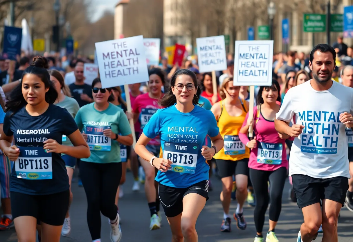 Runners in a marathon advocating for mental health awareness