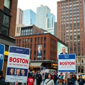 Boston cityscape during mayoral election season, showcasing campaign posters and community engagement.