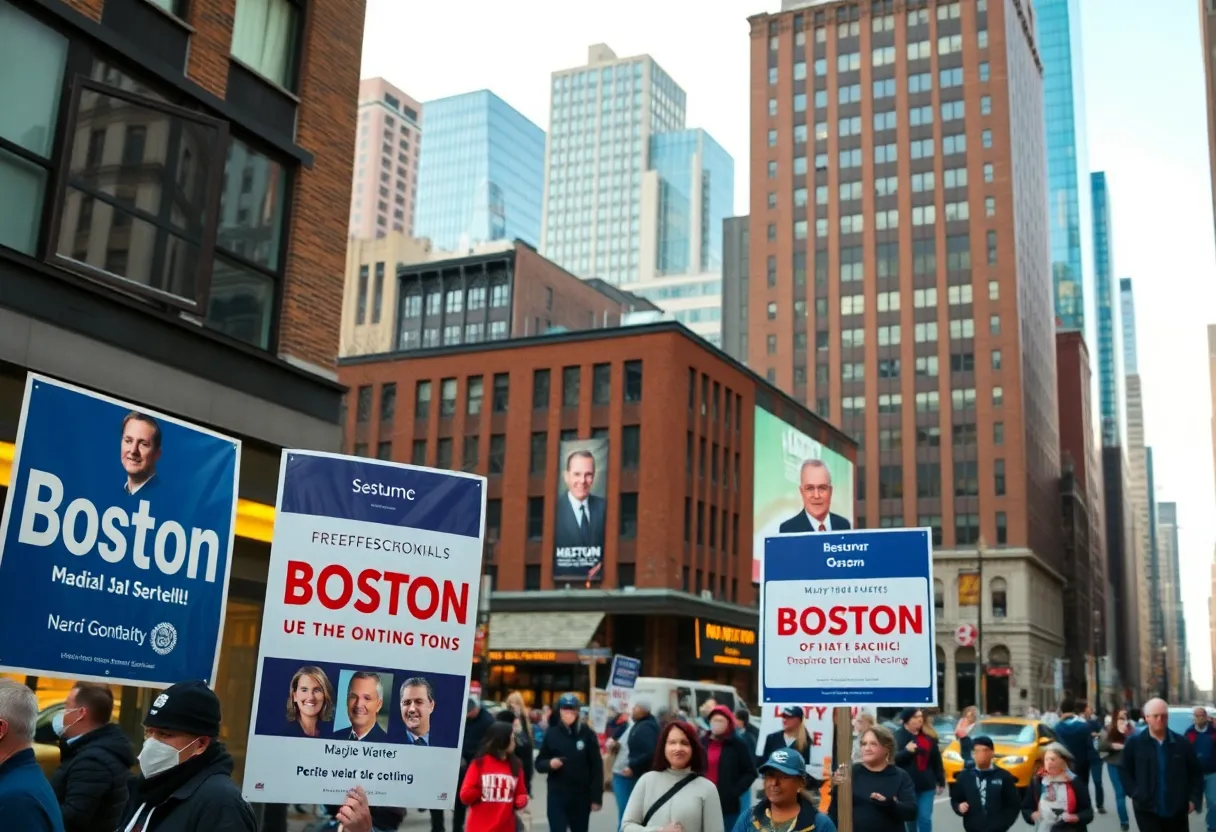 Boston cityscape during mayoral election season, showcasing campaign posters and community engagement.