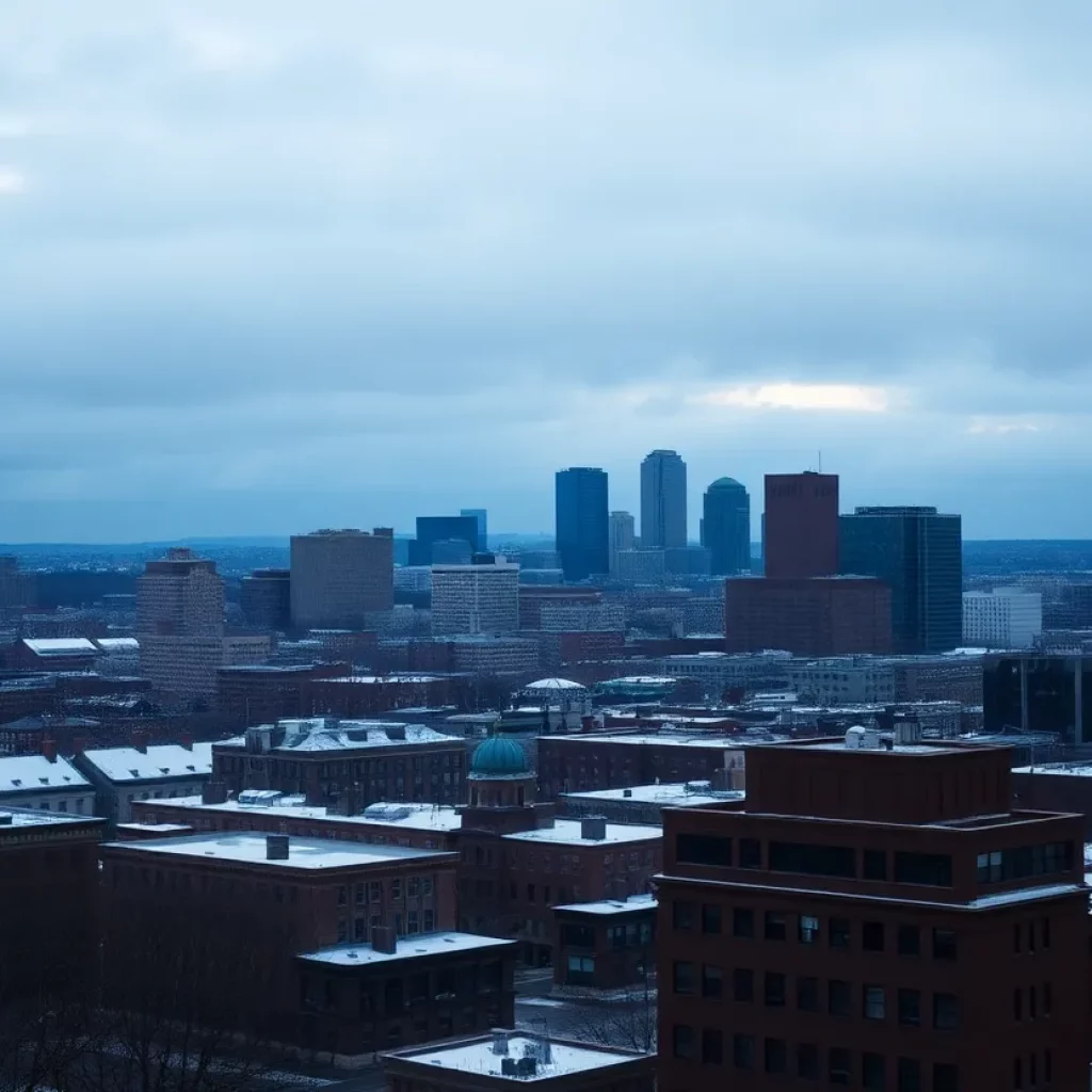 A view of Boston's skyline with snow, rain, and sunshine mixed in the scene.