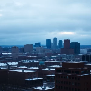 A view of Boston's skyline with snow, rain, and sunshine mixed in the scene.