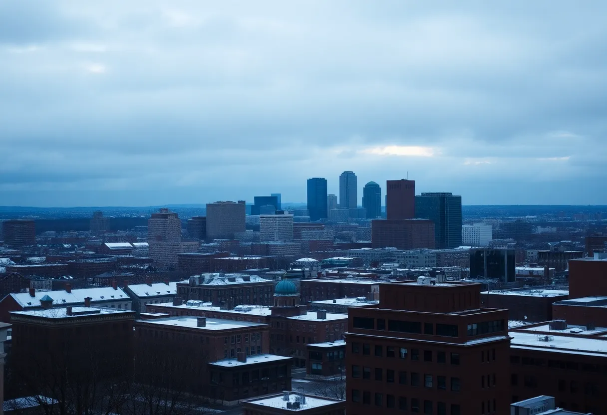 A view of Boston's skyline with snow, rain, and sunshine mixed in the scene.